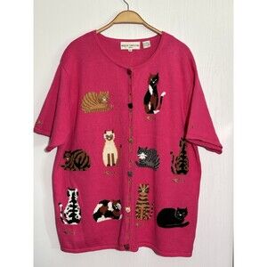 Marisa Christina Cat Sweater Cardigan Womens 2X Pink Short Sleeve Novelty Granny